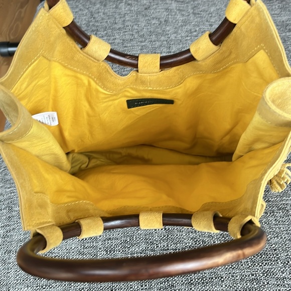 Anthropologie Pom Pom suede leather wooden handles tote, yellow - Picture 3 of 9